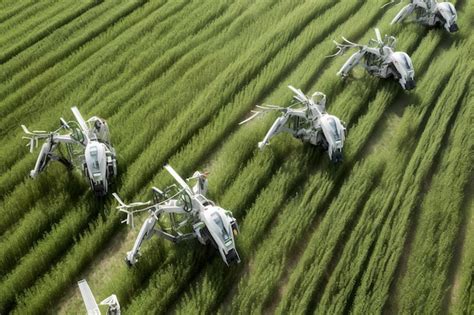 Vista Aérea De Un Futuro Robot Tractor Fertilizando Un Campo Agrícola Cultivado Foto Premium