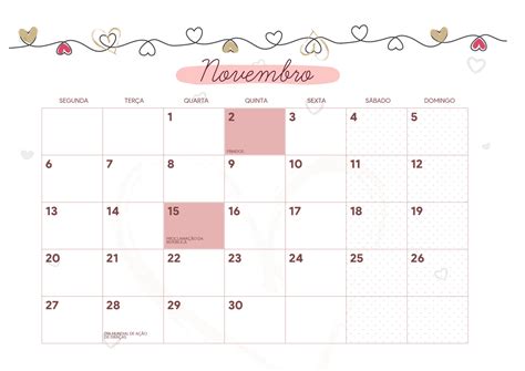 Calendario Mensal Coracao Novembro Educa O F Sica