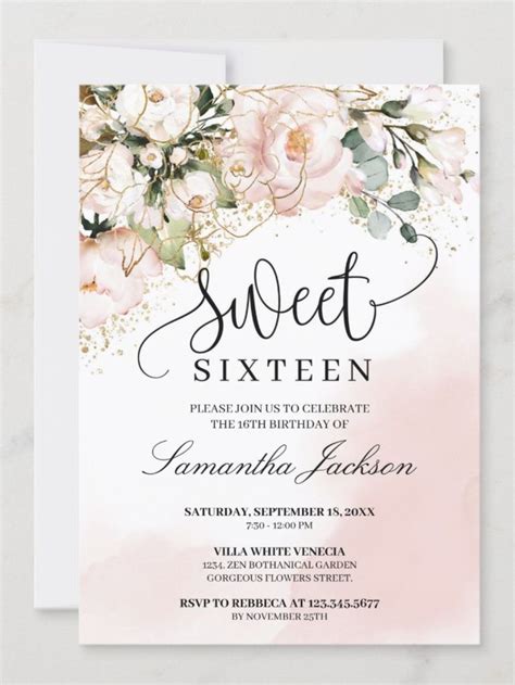 Rustic Blush Pink Floral Rose Gold Sweet Sixteen Invitation Zazzle