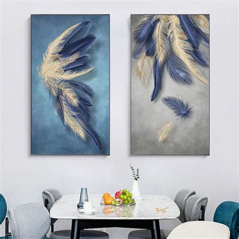 Modern Blue Abstract Feather Canvas Painting Nordic Poster And Prints