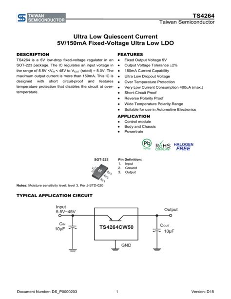 TS4264 Ultra Low Quiescent Current 5V 150mA Fixed