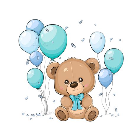 A Brown Teddy Bear Sitting Next To Blue Balloons