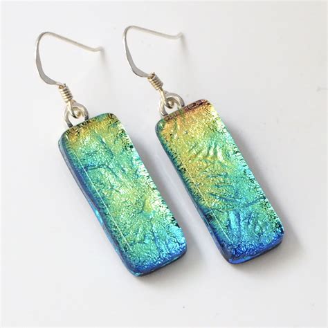 Aqua And Gold Earrings Dichroic Glass Jewelry Fused Glass Earrings