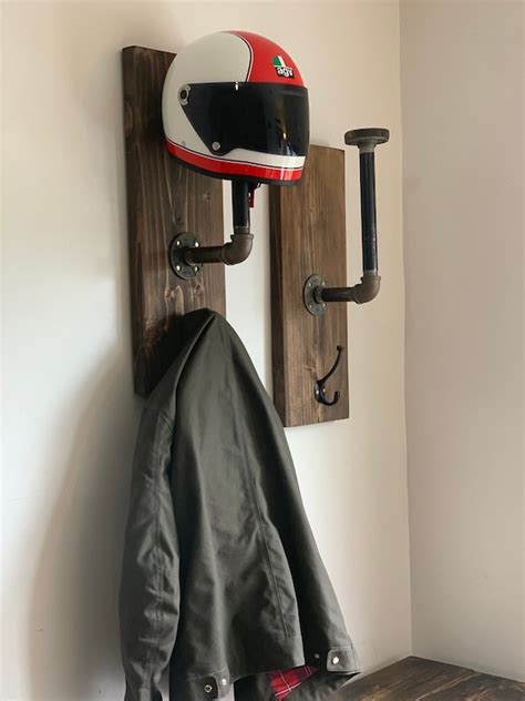 Handmade Wood And Iron Pipe Helmet Rack Etsy