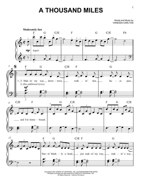 A Thousand Miles By Vanessa Carlton Sheet Music For Easy Piano At Sheet