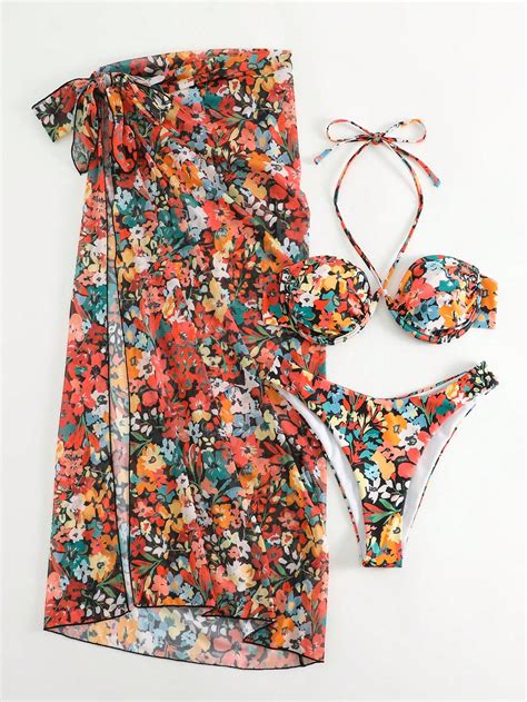 Floral Print Halter Underwire Bikini Swimsuit With Beach Skirt SHEIN USA