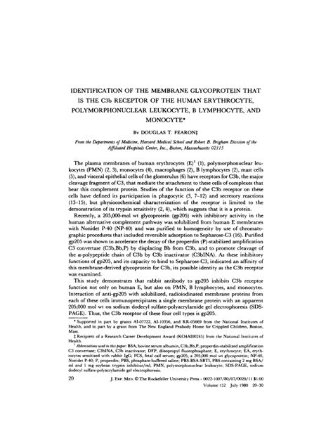 Pdf Identification Of The Membrane Glycoprotein That Is The C3b