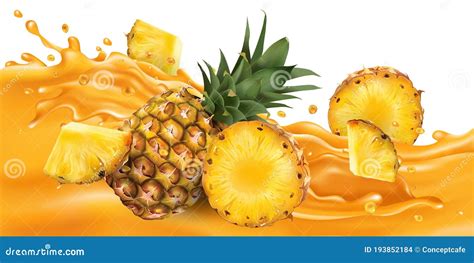 Whole And Sliced Pineapple On A Fruit Juice Wave Stock Vector