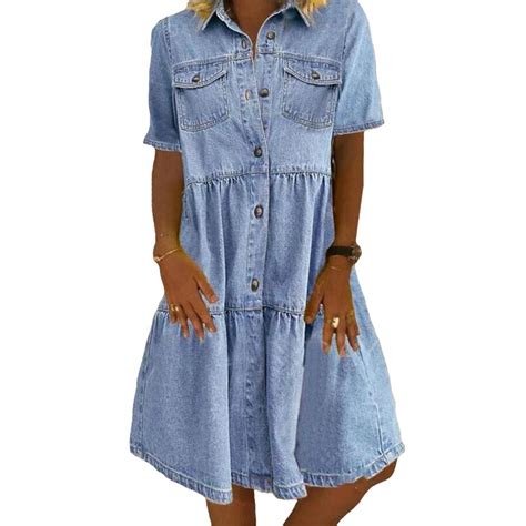 Buy Denim Dress Retro Women Short Sleeve Turn Down Collar Pockets