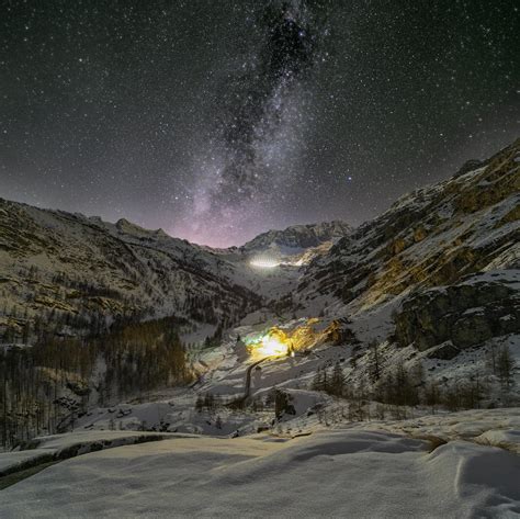 wallpaper mountains, valley, snow, night, starry sky HD : Widescreen ...