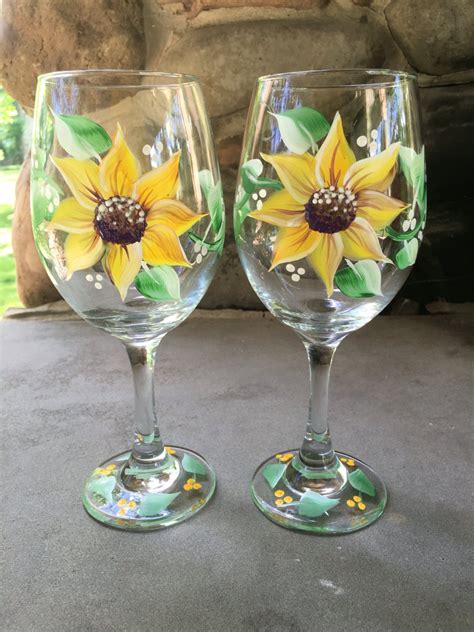 Handpainted Sunflower Wine Glass Pair By BarbaraHoysonDesigns