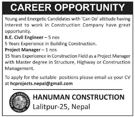 B E Civil Engineer Job Vacancy In Nepal Hanuman Construction Feb