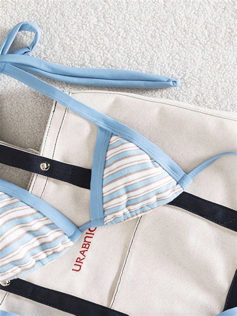 Swim Mod Peças Conjunto de Maiô Bikini Feminino Top Halter em Tecido Jacquard Listrado e