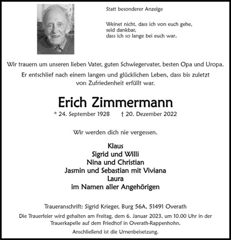 Traueranzeigen Von Erich Zimmermann Wirtrauern