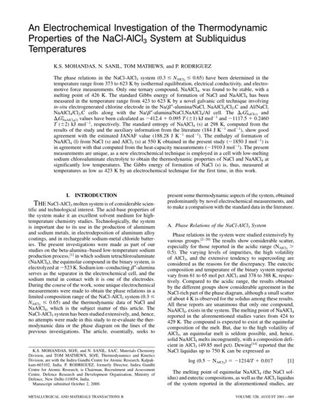 Pdf An Electrochemical Investigation Of The Thermodynamic Properties