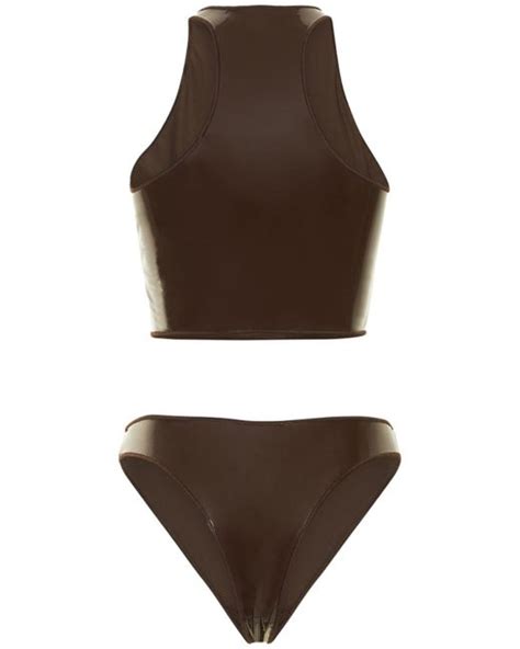 Os Ree Latex Effect Sporty Bikini Set In Brown Lyst