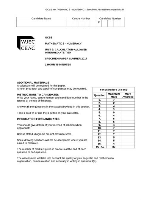 Pdf Gcse Mathematics Numeracy Allowed Intermediate Tier