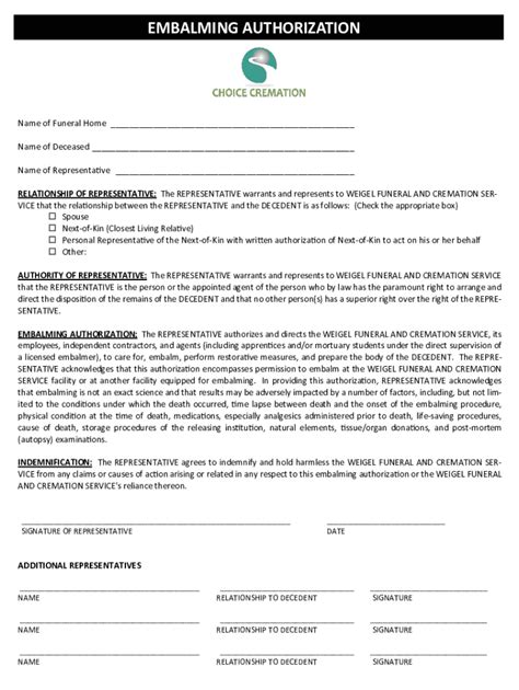 Fillable Online Embalming Authorization Form Read Only Fax Email