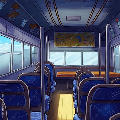 2d illustrated empty school bus interior with blue seats Stock ...