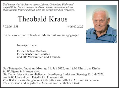 Theobald Kraus Traueranzeige Trauer Infranken De