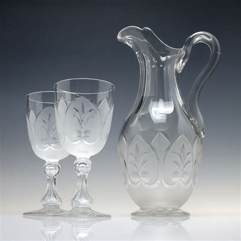 Pair Of Engraved 19th Century Richardson Glass Wine Goblets And Matching Claret Jug C1880