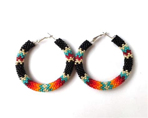 Native American Style Beaded Hoop Earrings Black Seed Bead Etsy