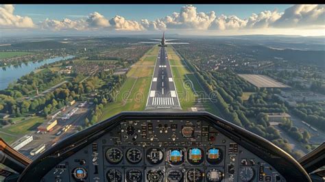 Airplane Cockpit View of Runway during Landing Approach Stock Photo ...