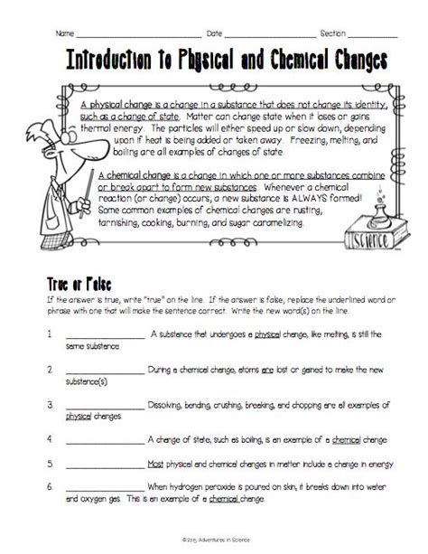 Introduction To Physical And Chemical Changes Worksheet Back To