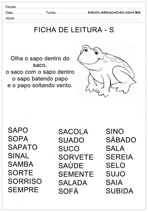 Ficha De Leitura Letra S - Ficha de Leitura Letra S - Sapo | Leitura para alfabetização, Textos ...
