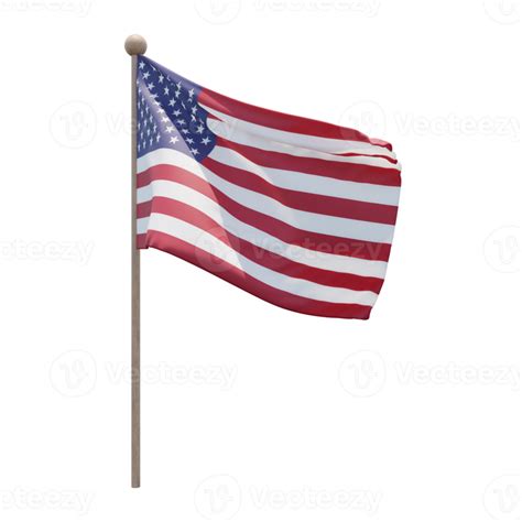 United States 3d Illustration Flag On Pole Wood Flagpole 11234450 PNG