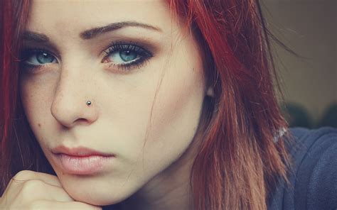 Wallpaper Face Women Redhead Model Blue Eyes Freckles Piercing