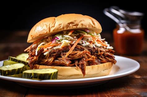 Pulled Pork Sandwich With Coleslaw And Pickles Stock Image Image Of