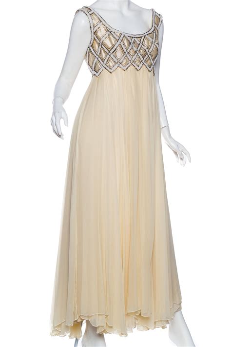 1960S Cream Beaded Silk Chiffon Empire Waist Gown With Matching Evening