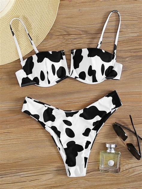 Cow Pattern V Wired Bikini Swimsuit Shein Usa Bikinis Hot Sex