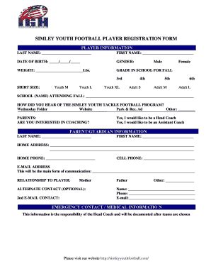 Fillable Online SIMLEY YOUTH FOOTBALL PLAYER REGISTRATION FORM Fax