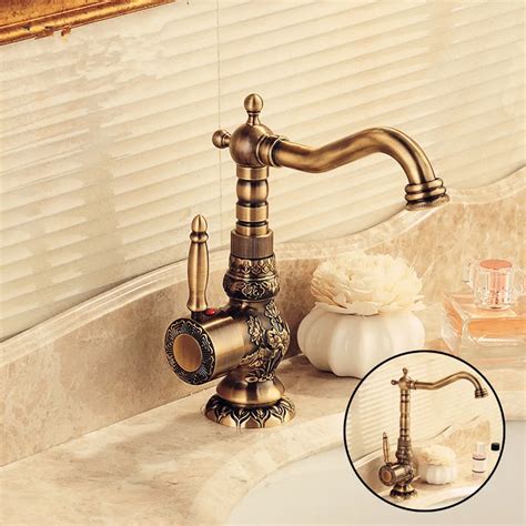 European Bathroom Faucet Antique Brass Basin Faucet Carved Taps Hot And