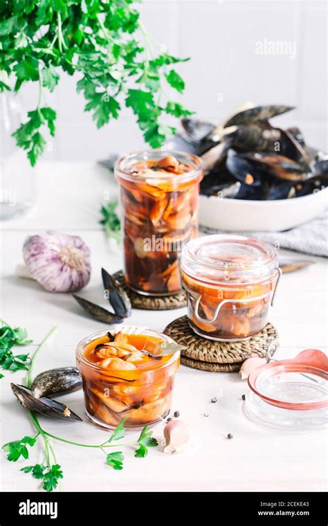 Mussels In Glass Jars Stock Photo Alamy