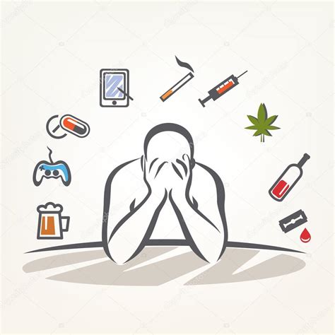 Addict Man And Set Of Addiction Symbols Outlined Vector Sketch Stock