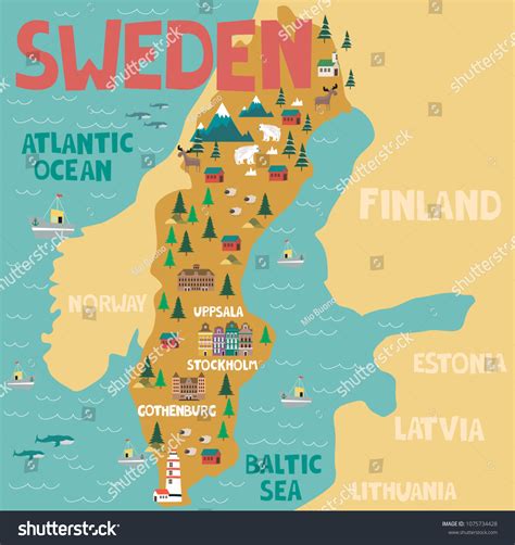 Illustrated Map Sweden Nature Landmarks Editable เวกเตอร์สต็อก ปลอด