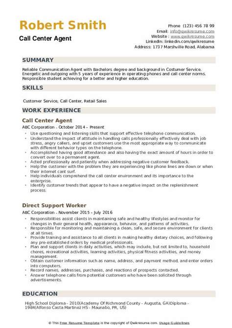 Resume Template For Call Center Agent