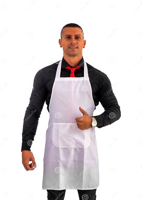 Attractive Chef Or Waiter Wearing White Apron Isolated On White Stock