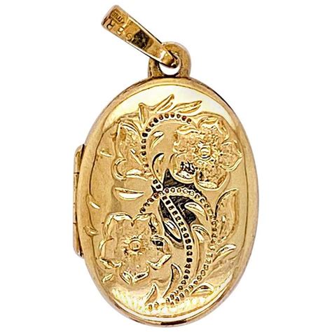 Gold Flower Locket Vintage Inspired 14 Karat Gold Floral Oval Engraved