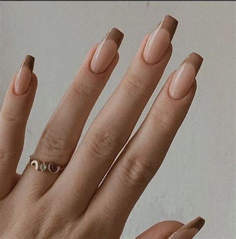 Cute Brown Square Medium Length Simple French Nails