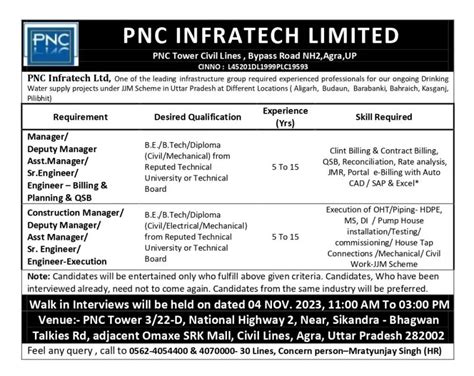 PNC Infratech Ltd Walk In On 04 Nov 2023 For Managers Agra UP