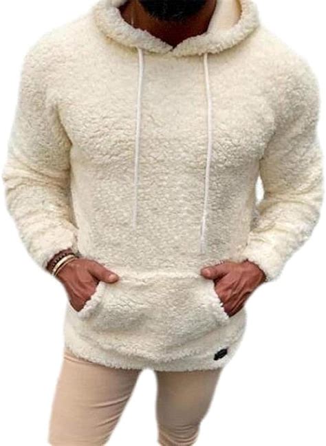 Mens Pockets Sherpa Fuzzy Pullover Long Sleeve Outerwear Winter Hoodies Sweatshirt