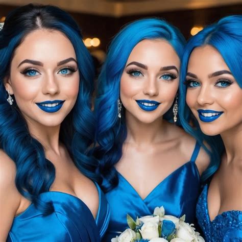 5 Ladies With Blue Eyes Flowing Blue Hair Smiling