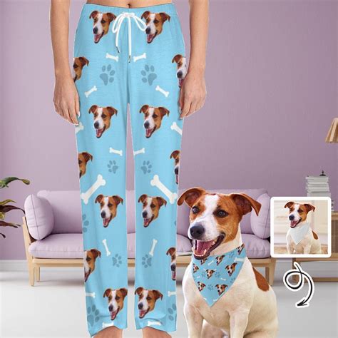 Custom Face Dog Bone Paw Print Blue Background Pajama Pants And Pet Do