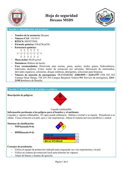 Hexano Hoja De Seguridad Hexano Msds Secci N