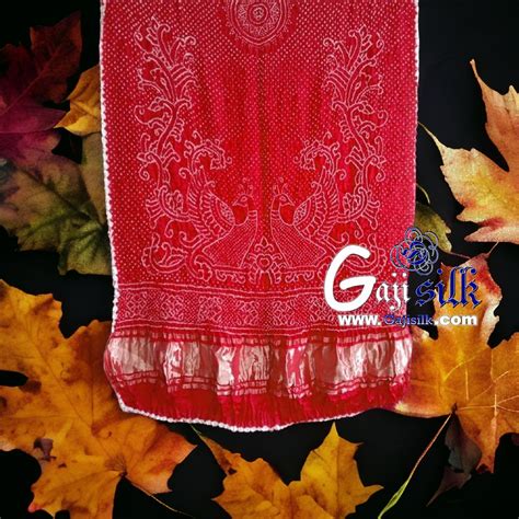 Red Peacock Bandhani Pure Gaji Silk Dupatta GAJI SILK