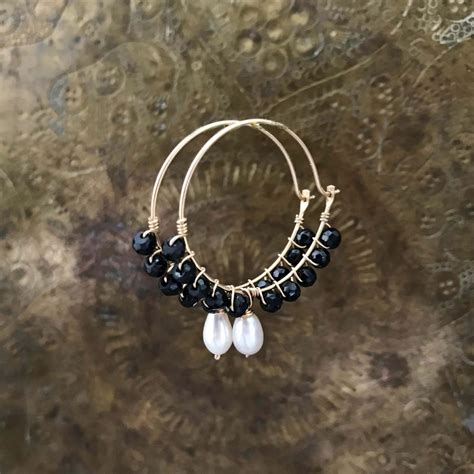 Black Spinel And Pearl Hoop Earrings Fleur Jewellery